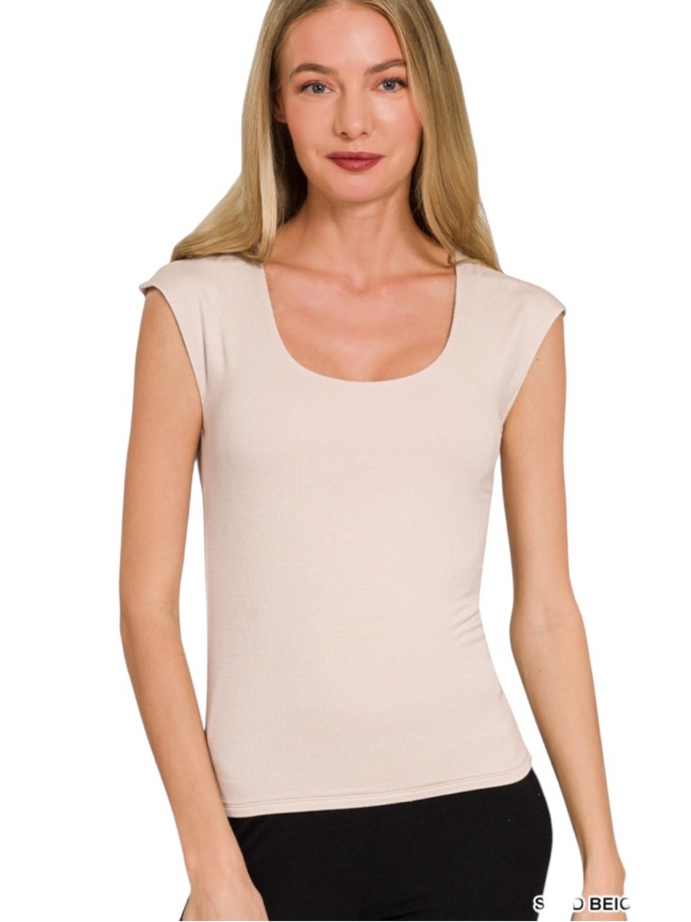 Zenana Sand Beige double layered Scoop Neck sleeveless Top